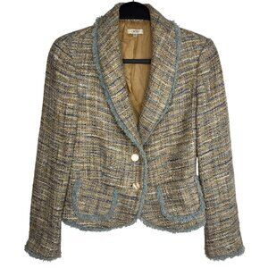 Vintage Cache Luxury Office Beige Single Breasted Tweed Blazer Sz 4 Fringe Trim